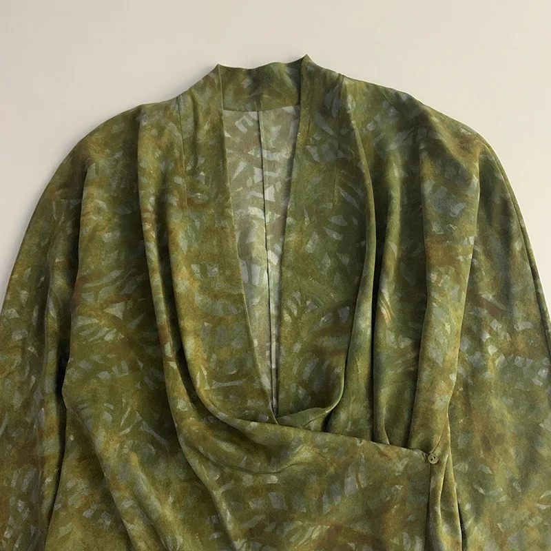 Withered Printed Silk Cross Wrap Button Up Shirt V-neck Long Sleeved Silky Lazy Top Blouses Women's Clothes Shirts Tops
