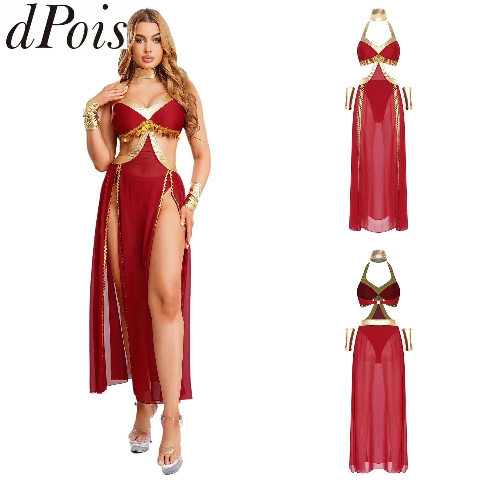 

Women Oriental Indian Dance Belly Dance Bellywood Costume Outfit Halter Mesh Slit Dress Arabian Princess Halloween Dance Clothes