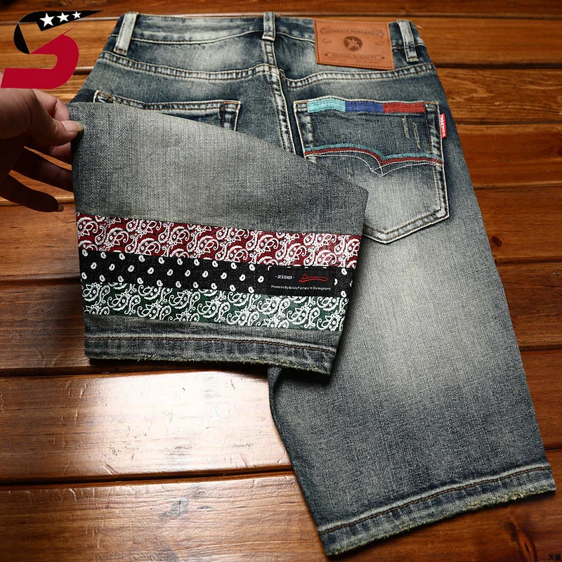 

Embroidered printed denim shorts men's fashion retro slim stretch men's summer ripped Leisure Street shorts