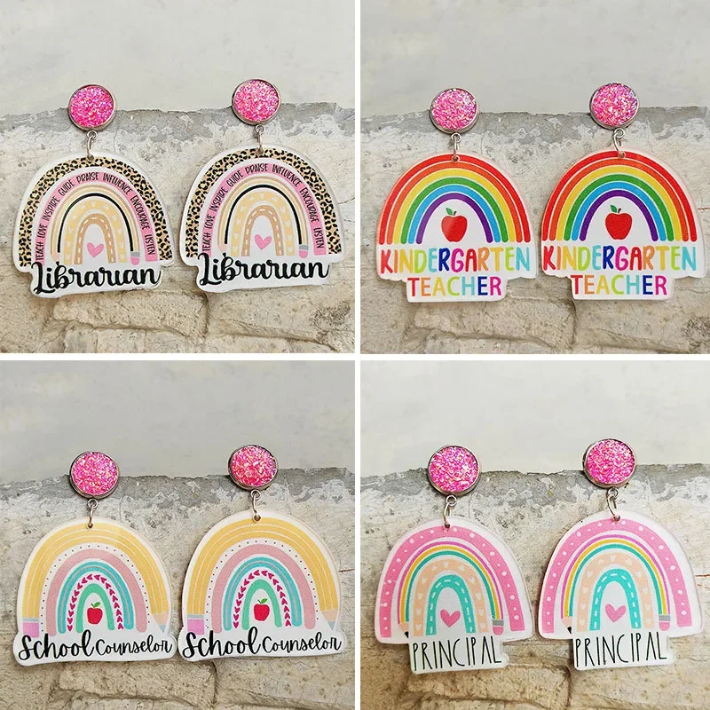 Acrylic Pencil Apple Earrings Rainbow Arched Leopard Drop Earring for Women Student Teacher Earrings School Fashion Jewelry