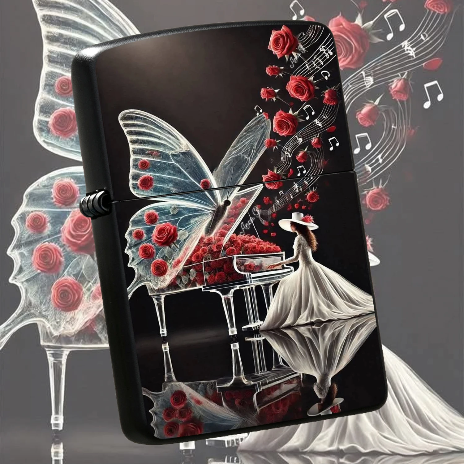 Exquisite Artistic Lighter With Rose Piano Lady Pattern, Dreamy Romantic Aesthetic Portable Igniter, Ideal For Daily Use Gifting, All Occasions Decorative Practical Stylish Accessory For Men Women A Humorous And Interesting Lighter