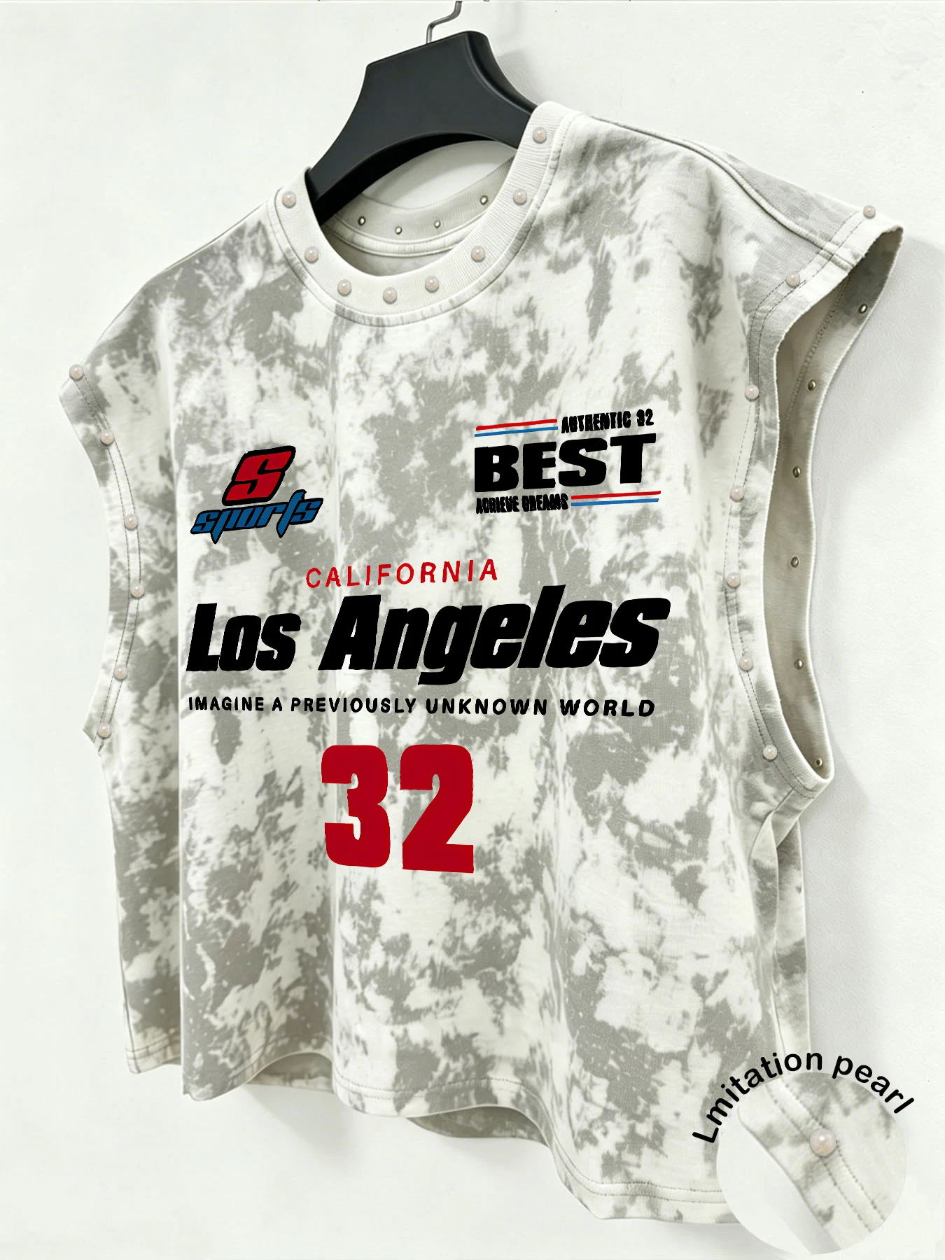 Herren Tanktop mit Batikmuster, ärmelloses Oberteil mit Imitationsperlen, Street-Vest, ärmelloses T-Shirt mit grafischem Muster für Herren – Detail 2