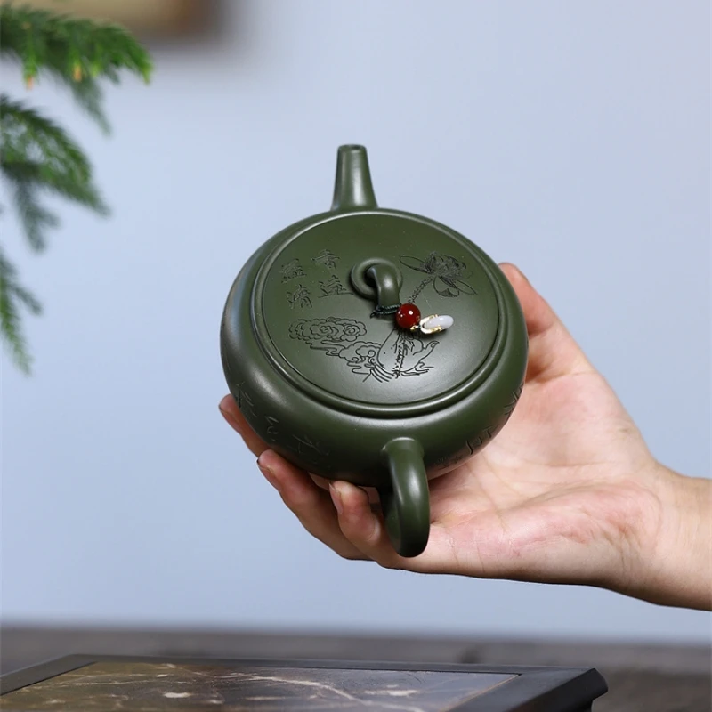 original ore green clay true yixing zisha tea pot marked bird Chinese character carved handmade traditional craft 250ml master