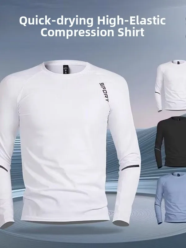Men's Quick Dry Long Sleeve Sportswear Training Top Basketball Fitness Running Base Shirt White Polyester Fiber Regular Fit