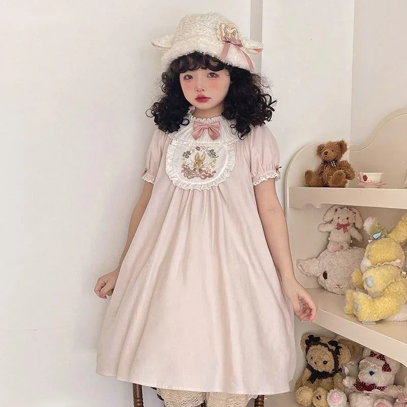 Japanese Kawaii Lolita Princess Dress Girls Sweet Cute Bow Puff Sleeve Bunny Embroidery Nightdress Victorian Vintage Mini Dress