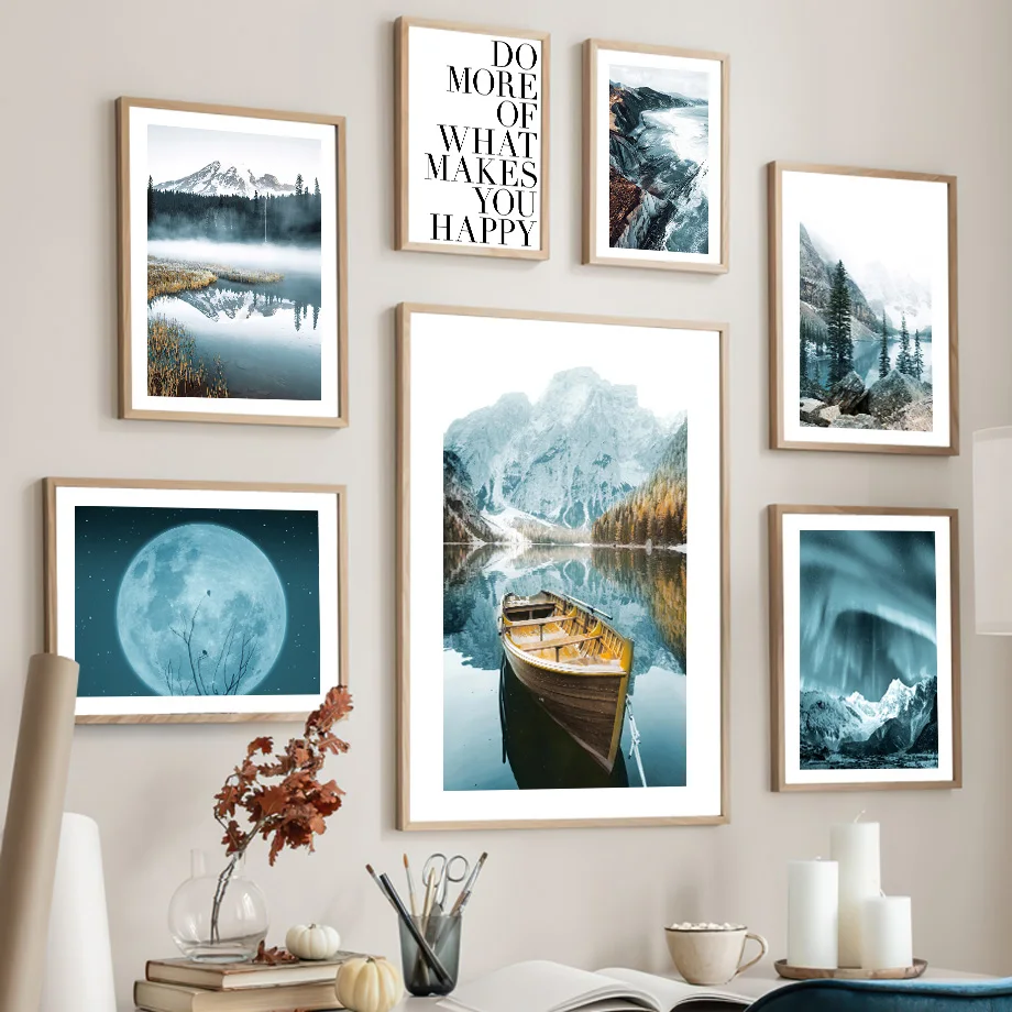 Nordic Poster Snow Mountain Calm Lake Pier Boat Wild Grass Moon Wall Art Mural Print Canvas Painting Pictures Living Room Decor