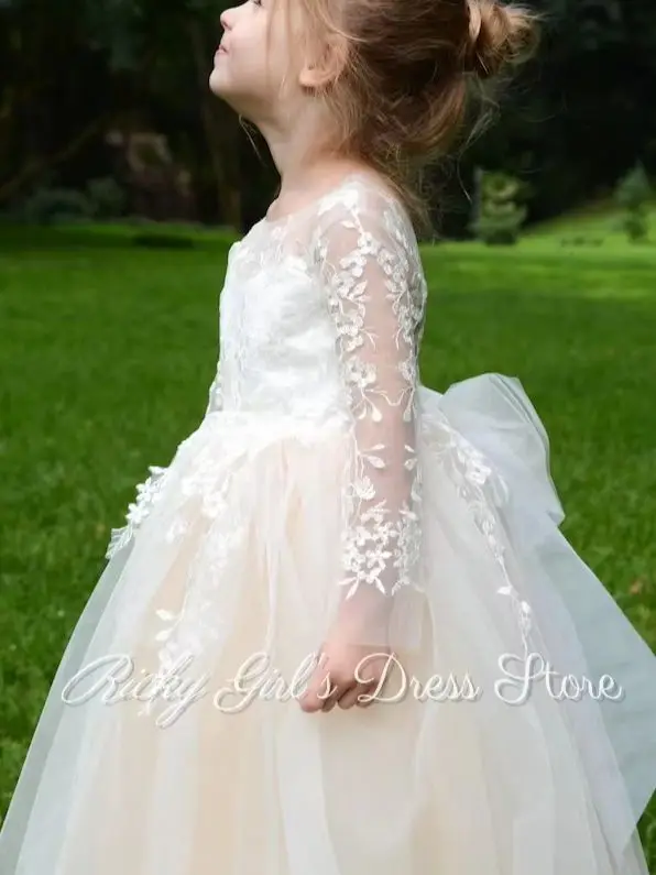 Elegant Ivory Flower Girl Dress For Wedding Long Sleeve Lace Applique With Bow Tulle Kids Birthday First Communion Gown Custom