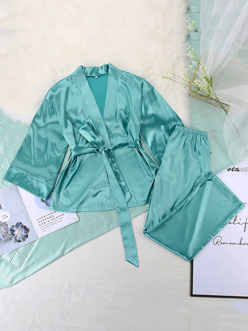 Marthaqiqi Solid Satin Women Sleepwear Robes Pajama Set Woman 2 Pieces Trouser Suits Nightgown Lace Up Bathrobes HomeWear 2023