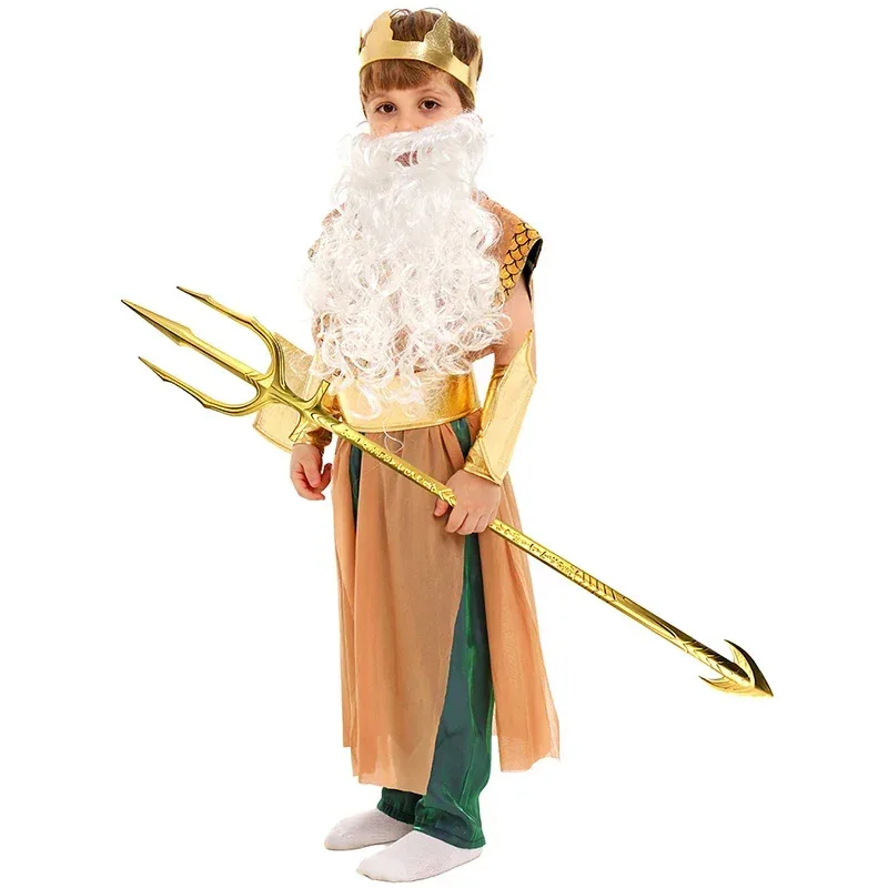 

2025 New Kids Golden Greek Mythology God King of The Sea Halloween Costume Poseidon Costume for Boys