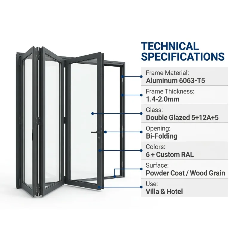 Custom Size Aluminum Sliding Folding Door Tempered Glass Bifold Patio Door Soundproof Waterproof for Exterior Villa Balcony