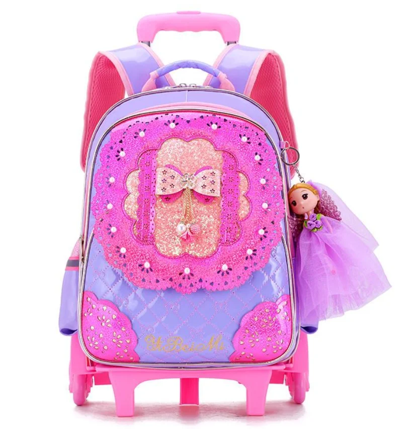 School wheeled backpack for girls PU leather Primary school bag with wheels kids School trolley bag School Rolling backpack cart