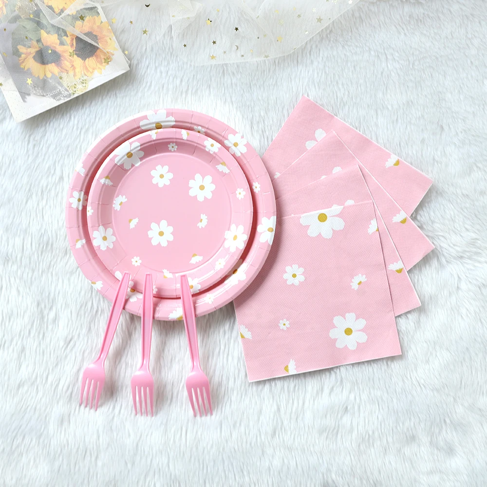 Daisy Themed Birthday Party Decor Pink Descartável Talheres Daisy Paper Plate Guardanapo Banner Daisy Aniversário Chapéu 1 Ano Baby Shower