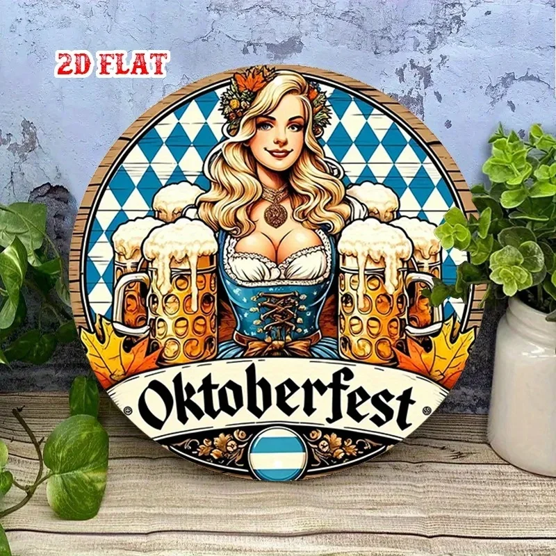 Oktoberfest Bavarian Beer Maiden Metal Sign 2D Flat Blue White Pattern Beer Mug Plaque Bar Pub Cafe Wall Decor Gift