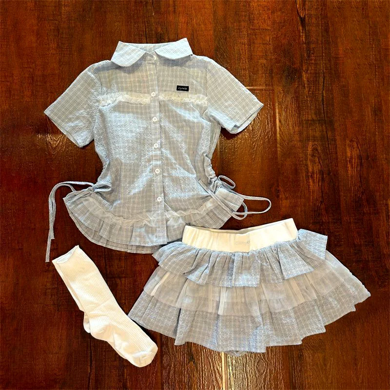 

French plaid Turn Down Collar Short Sleeve Lace Buttons Blouse High Waist Spliced Mesh Tiered Skirt Y2k Sweet 2 Piece Sets