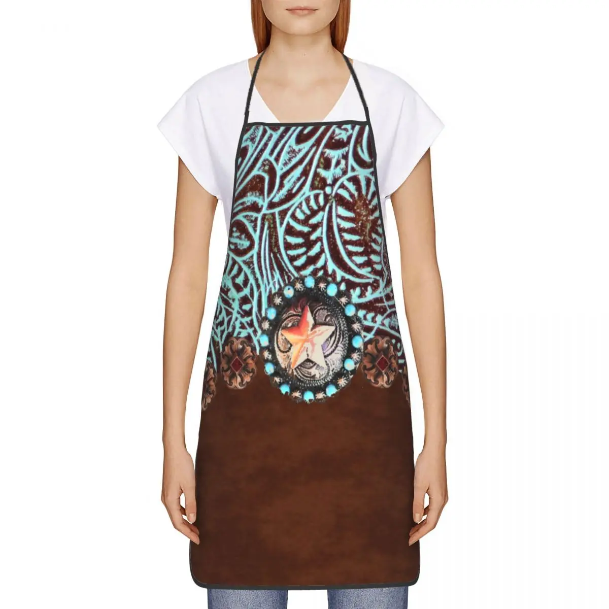 Primitive Cowboy Brown Turquoise Leather Bib Apron Women Men Chef Tablier Cuisine for Cooking Kitchen Vintage Textures Gardening