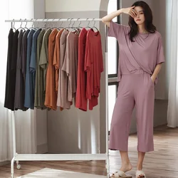 Fdfklak Modal Pijama Set para mulheres, roupas femininas para casa, terno de dormir solto, modal, monocromático, verão, 2 peças