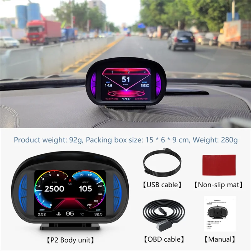 P2 Car HUD Head-Up Display OBD GPS Vehicle Speed and Gradient Meter Water Temperature and Fuel Consumption