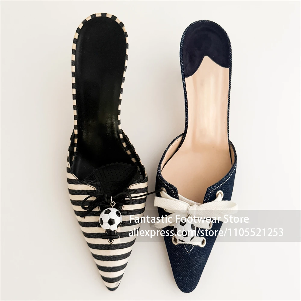 

Asymmetric Pointed Toe Mules Soccer Ball Pendant Striped Denim Patchwork Lace Up Backless Slip On Casual Party Daily Dress Shoes
