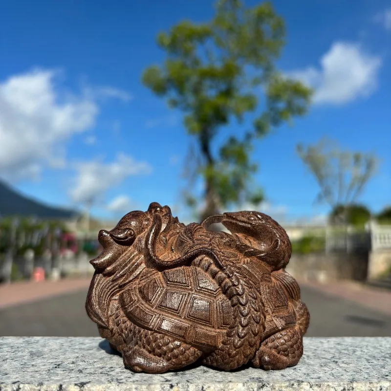 Hand-Carved Agarwood Xuan Wu Dragon Turtle Figurine - 3.9