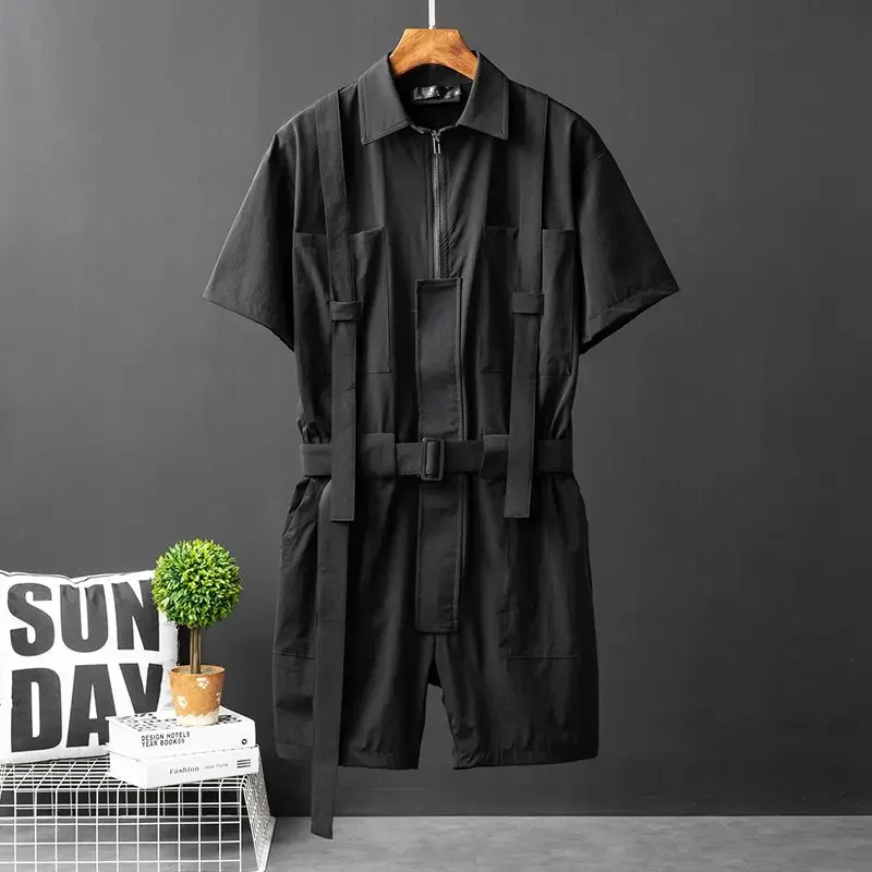 

Black Casual Workwear Jumpsuits Men Korean High Street Youth Loose Fitting Short Sleeved All-in-one Suit Safari Cargo Half Pants