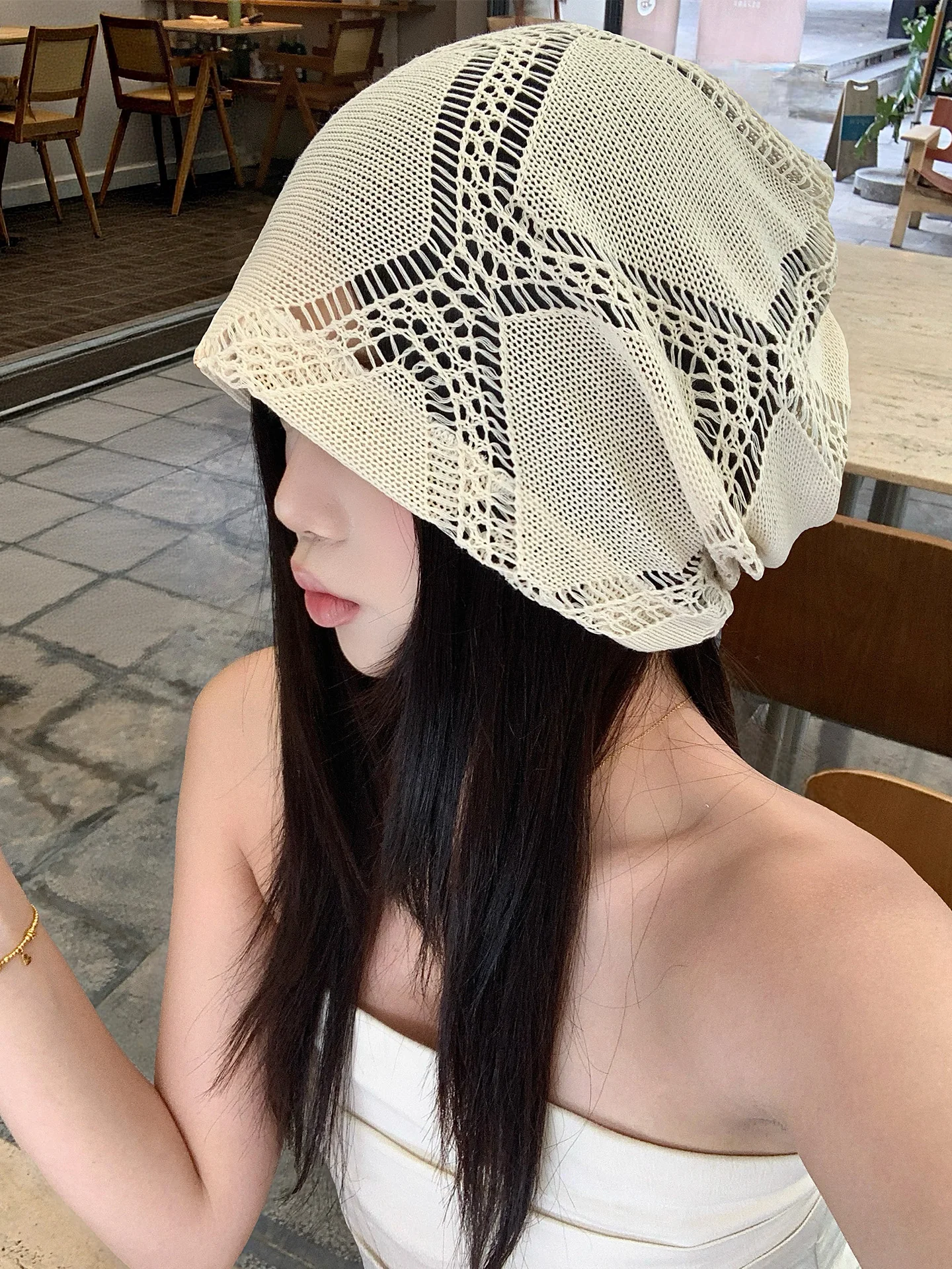 Ladies' Spring Summer Thin Knitted Hollow out Lazy Style Fashionable Small Face Cap Overhead Head Cover Hat Casual round Top