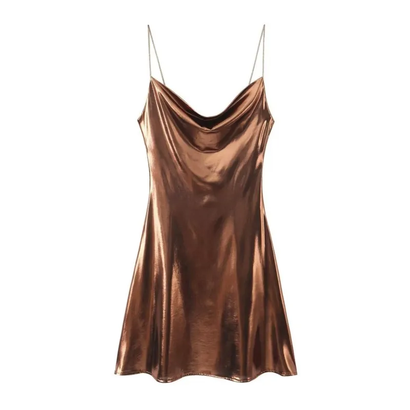 Summer Women's Shiny Metallic Cami Mini Dress Women's Chic Pleated Design Casual Slim Party Dress Vest