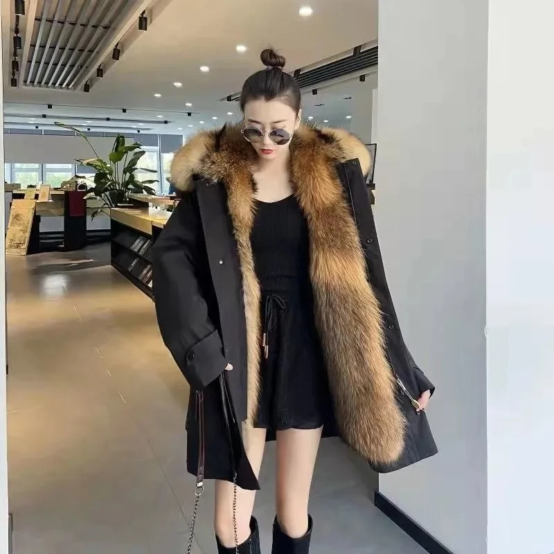 Winter New Knee-length Hooded Loose Slim Female Raccoon Fur Coat Lined with Detachable Fur Warm and Casual Coat Female 5XL Parka