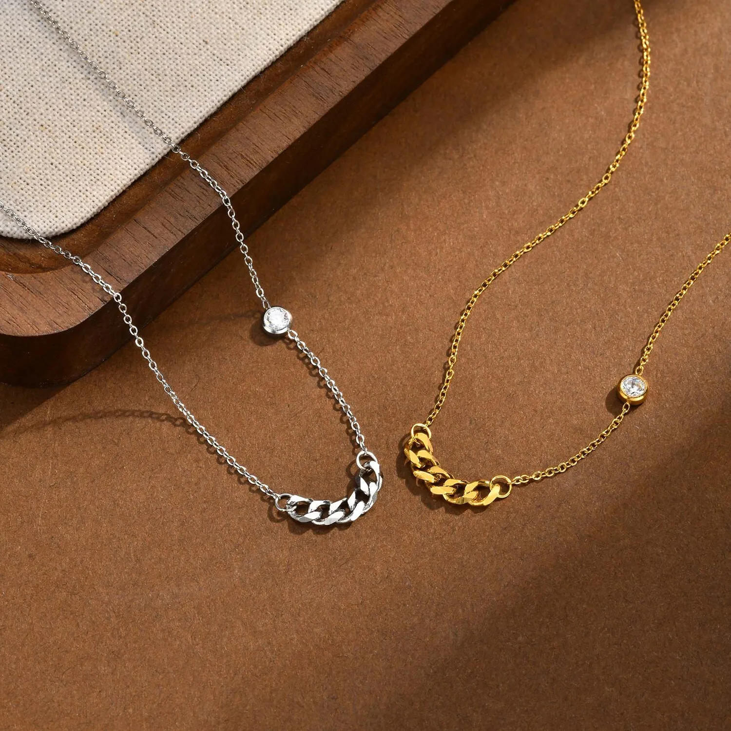 Women's Stainless Steel Thin Chain Necklace,  Dainty Necklace With Cubic Zirconia, Minimalist Jewelry