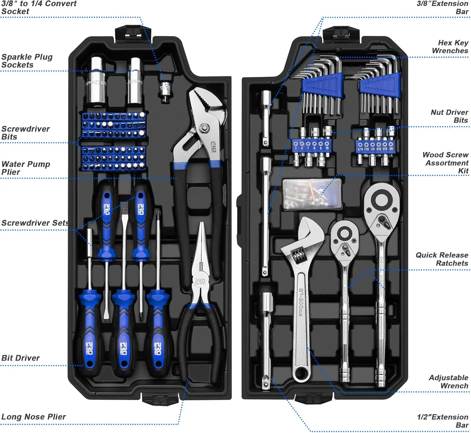 240-Piece Mechanics Tool Set, General Assorted SAE/Metric Sockets and Wrenches Automotive Repair Tool Kit with Plastic Storage T