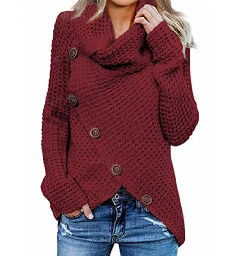 Frauen Herbst Winter Neue Neue High-neck Lange ärmeln Unregelmäßigen Diagonal Taste Pullover Gestrickte Pullover Top Einfarbig