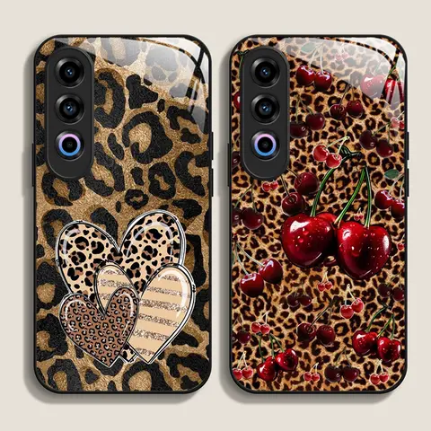 Artistic Leopard Print Cherry Red Lips Tempered Glass Phone Case for OnePlus 13R 12 11 10Pro ACE2 ACE3 Nord CE 4 3 2 Lite Cover