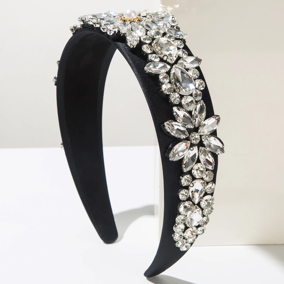 European And American New Baroque Style Hair Headband For Women, Light Luxury Wide Edge Inlaid With Diamonds, Pearls, Flowers, h
