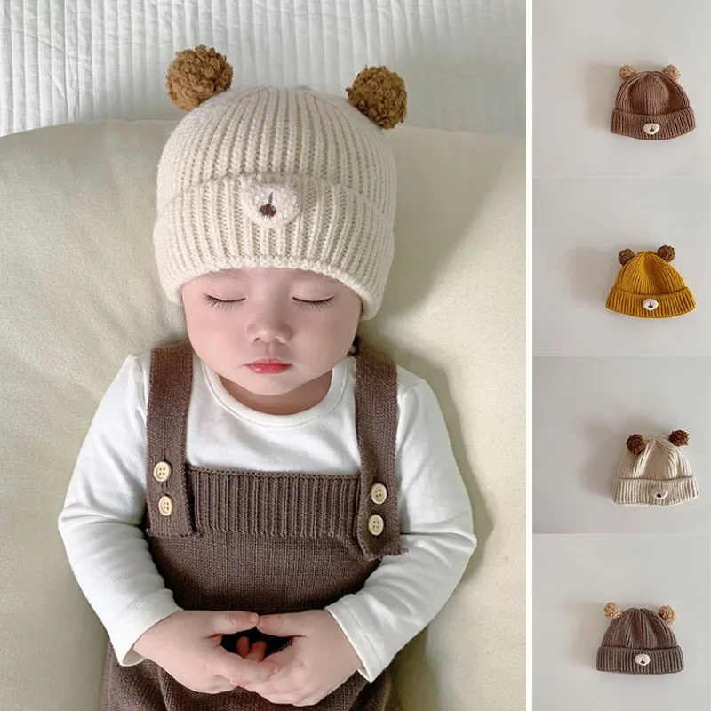 Cute Cartoon Baby Bear Beanie Winter Warm Children Ear Protection Hat Solid Woolen Pullover Cap Plush Ball Kids Knitted Hat 0-2Y