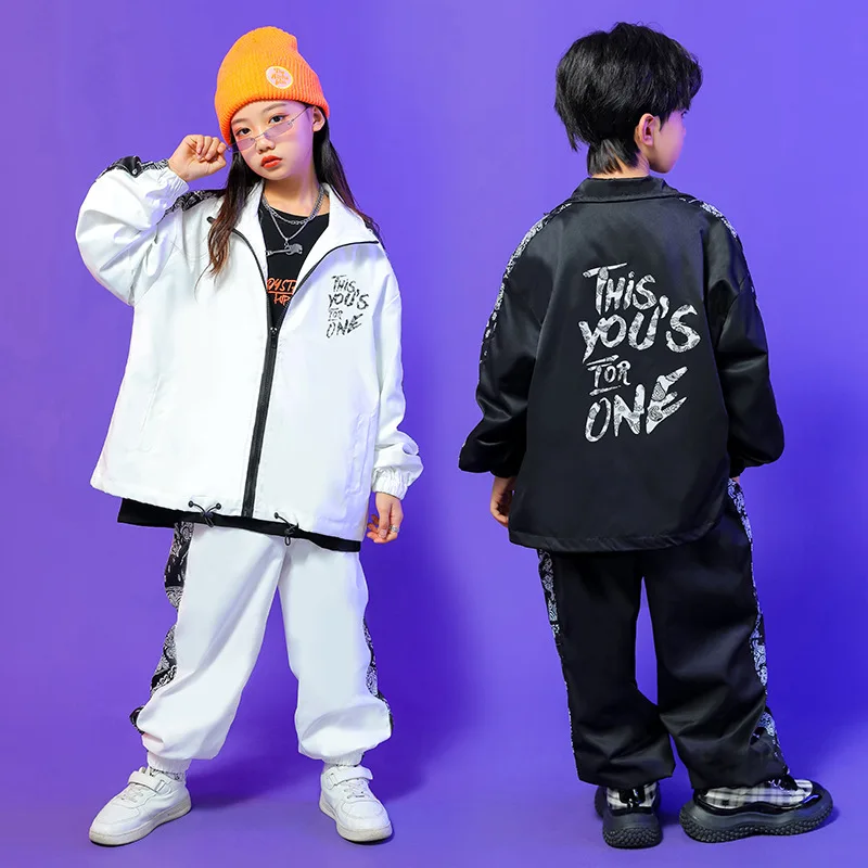 

Kid Hip Hop Clothing Side Print White Black Zip Up Jacket Top Casual Jogger Pants for Girl Boy Jazz Dance Costume Clothes Outfit