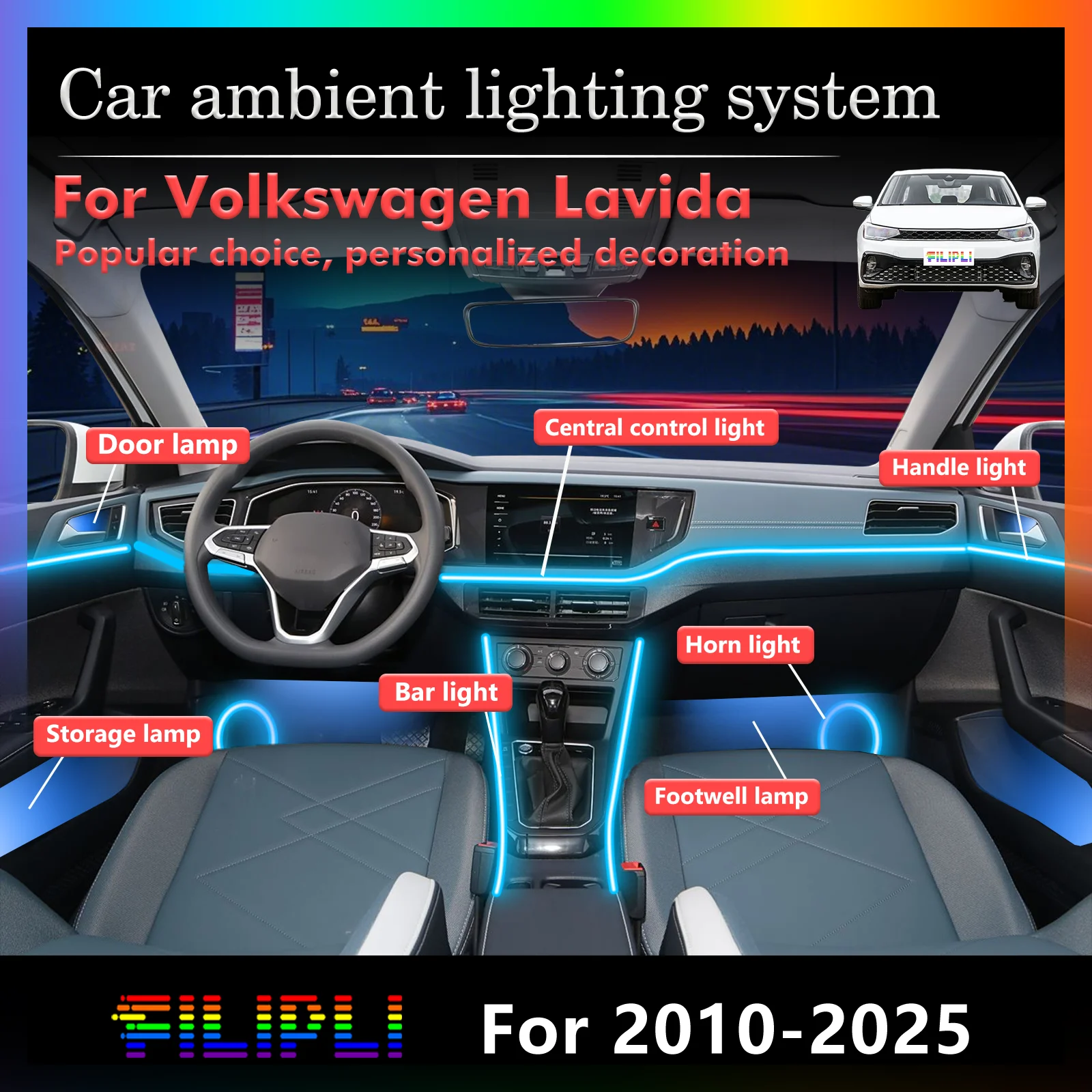 

For Volkswagen Lavida Smart Remote Control Car Interior Ambient Light RGB 64 Colors LED Energy Saving Efficient Lamp Kit