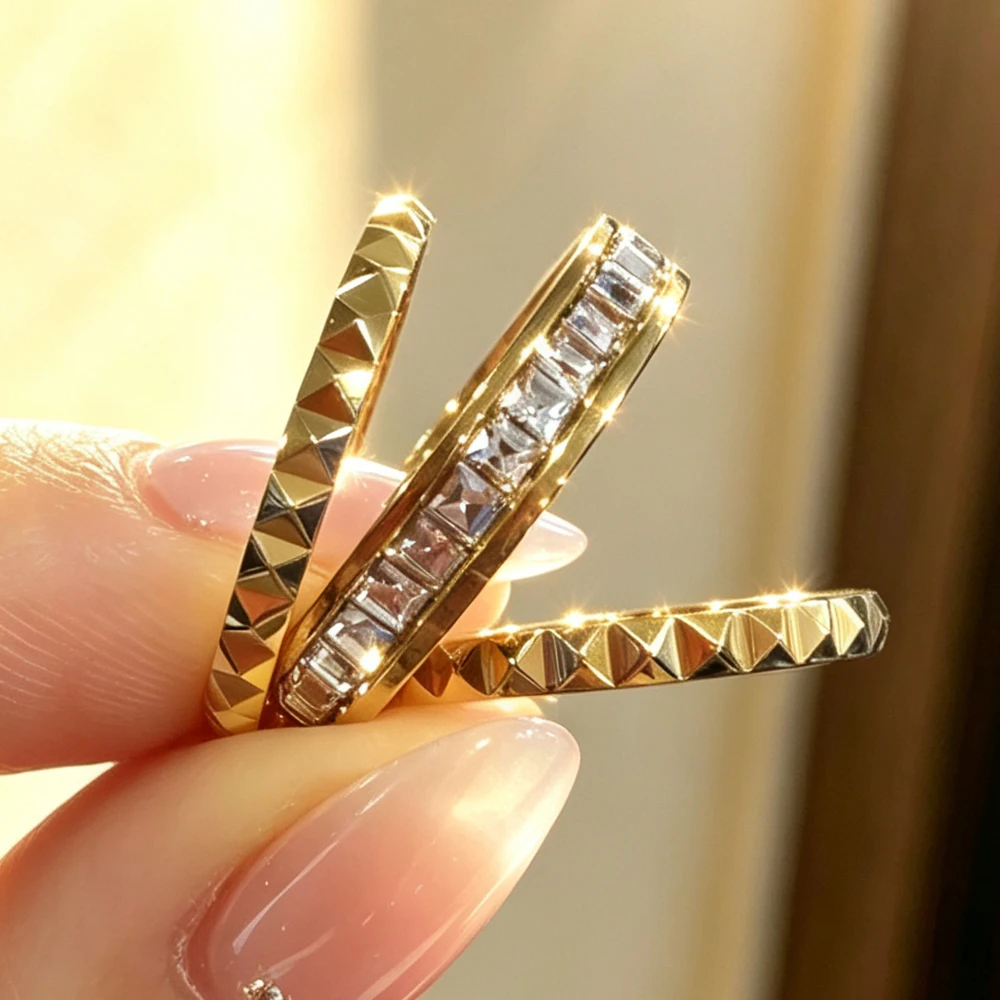 Yupsk 3pcs/set Sliver Gold Color Stainless Steel Ring Set Simple Check Pattern Stackable Rings Engagement Wedding Jewelry Gifts
