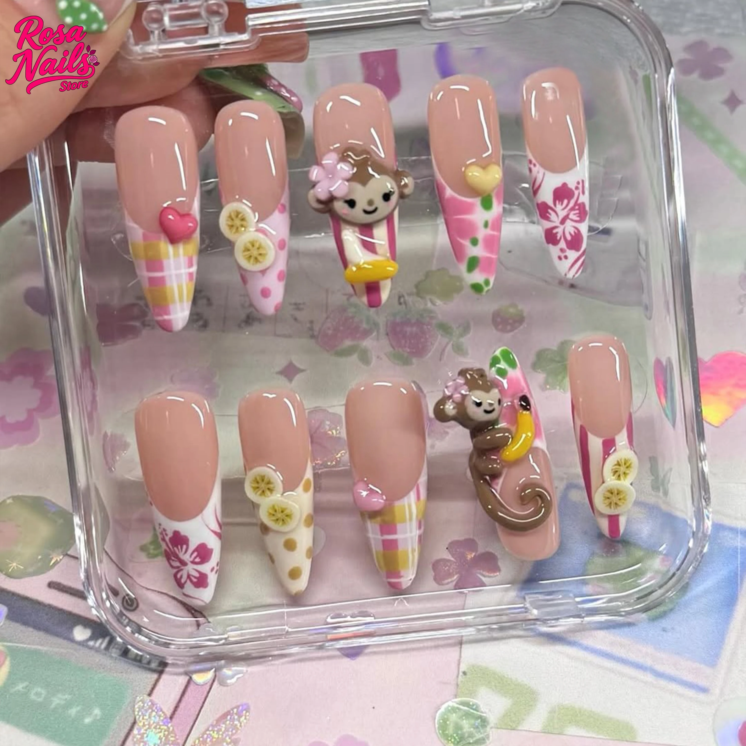 

Длинный пресс на ногтях Обезьяна 3D Скульптурные розовые Пресс-прикладки Симпатичные ногти ручной работы Акриловые ручная роспись Цветок Домашние миндалевидные ногти