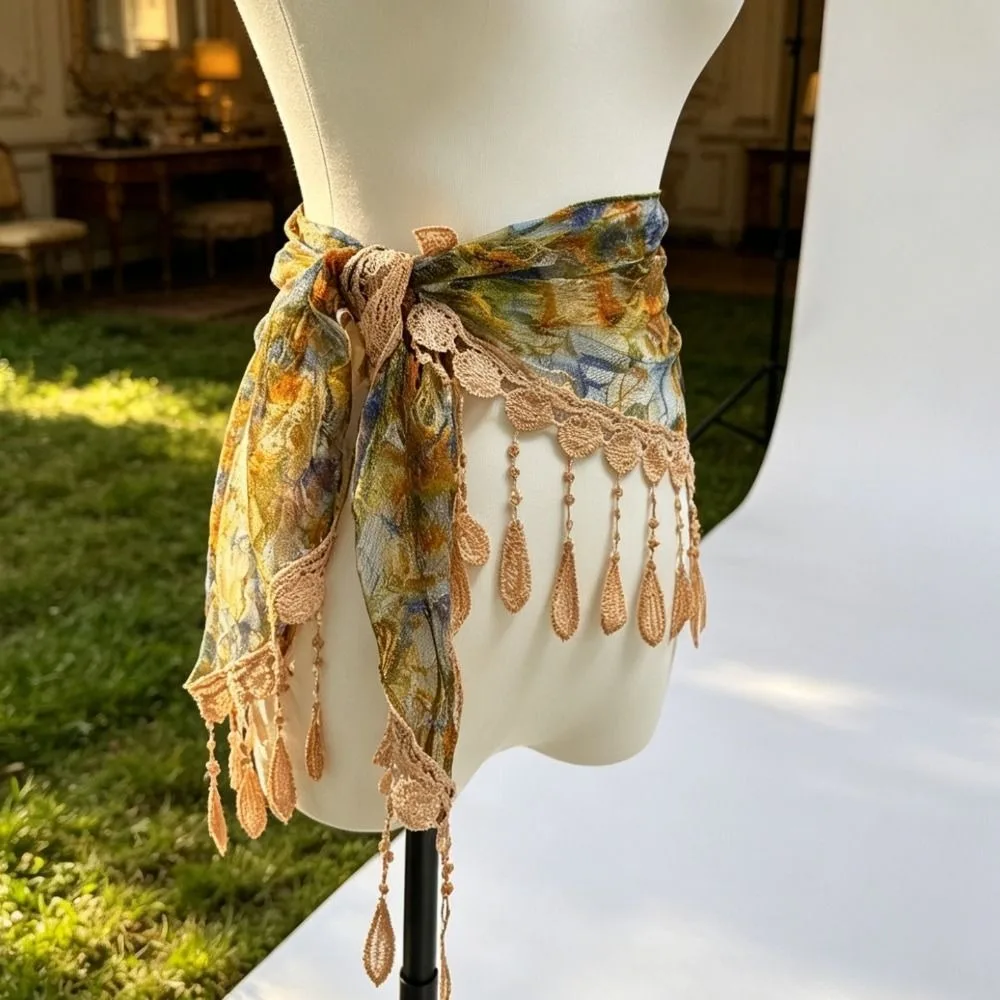 Floral Pattern Floral Lace Waist Scarf Tassel Fringe Bohemian Style Triangle Tassel Scarf Hollow Triangle Shape Tassel Wrap Belt
