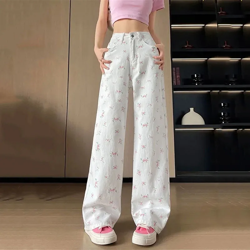 Broken Flower Straight Jeans Women's Spring Summer New Thin Loose Cover Casual Wide Leg Wide Leg Pants High Waist Female Jeans