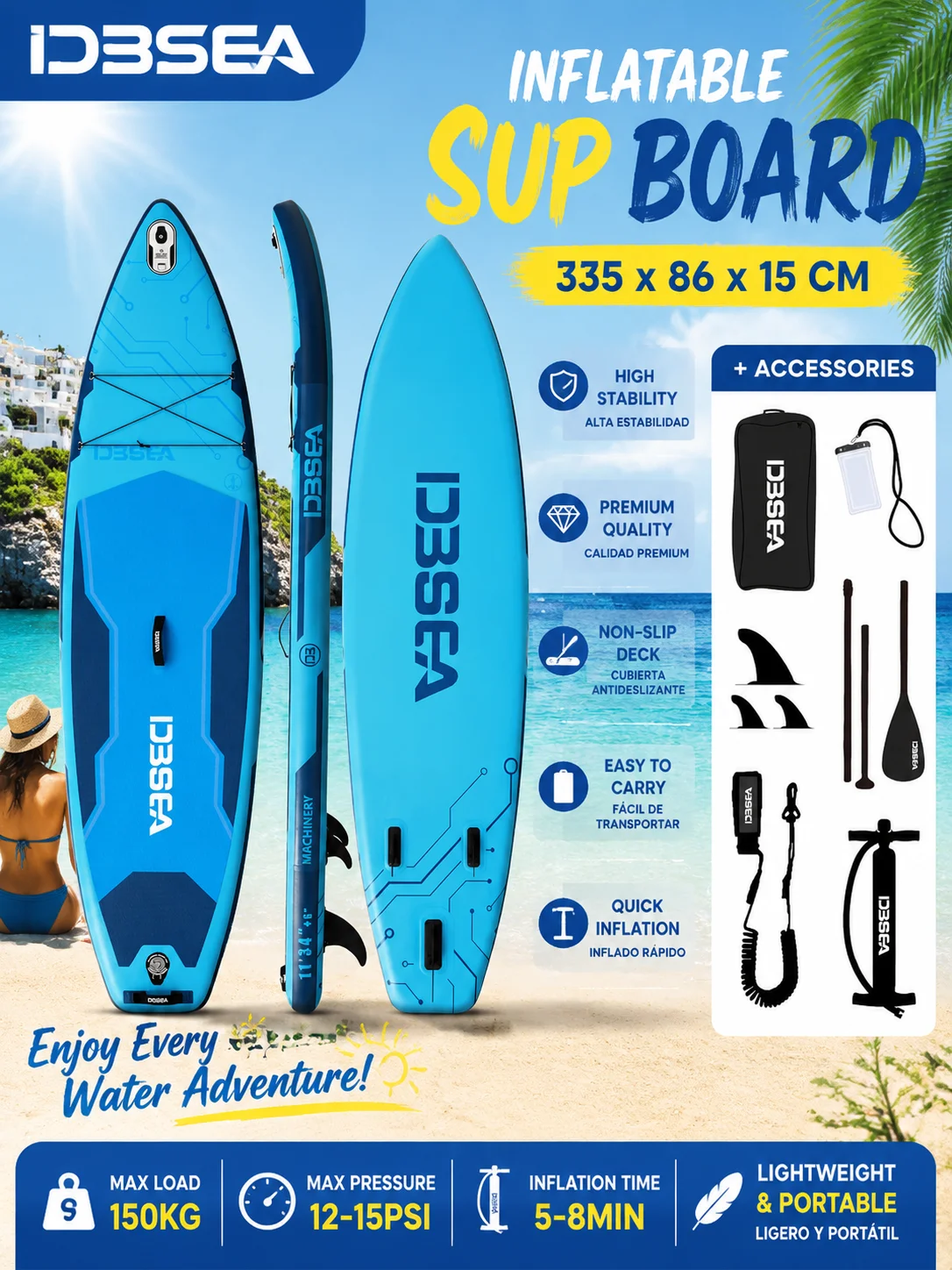 Dieses extra breite aufblasbare Stand-Up-Paddleboard misst 335x86x15 cm und verfügt über fortschrittliche Technologie für verbesserte Stabilität, was ihn für Erwachsene geeignet macht, um sich bei