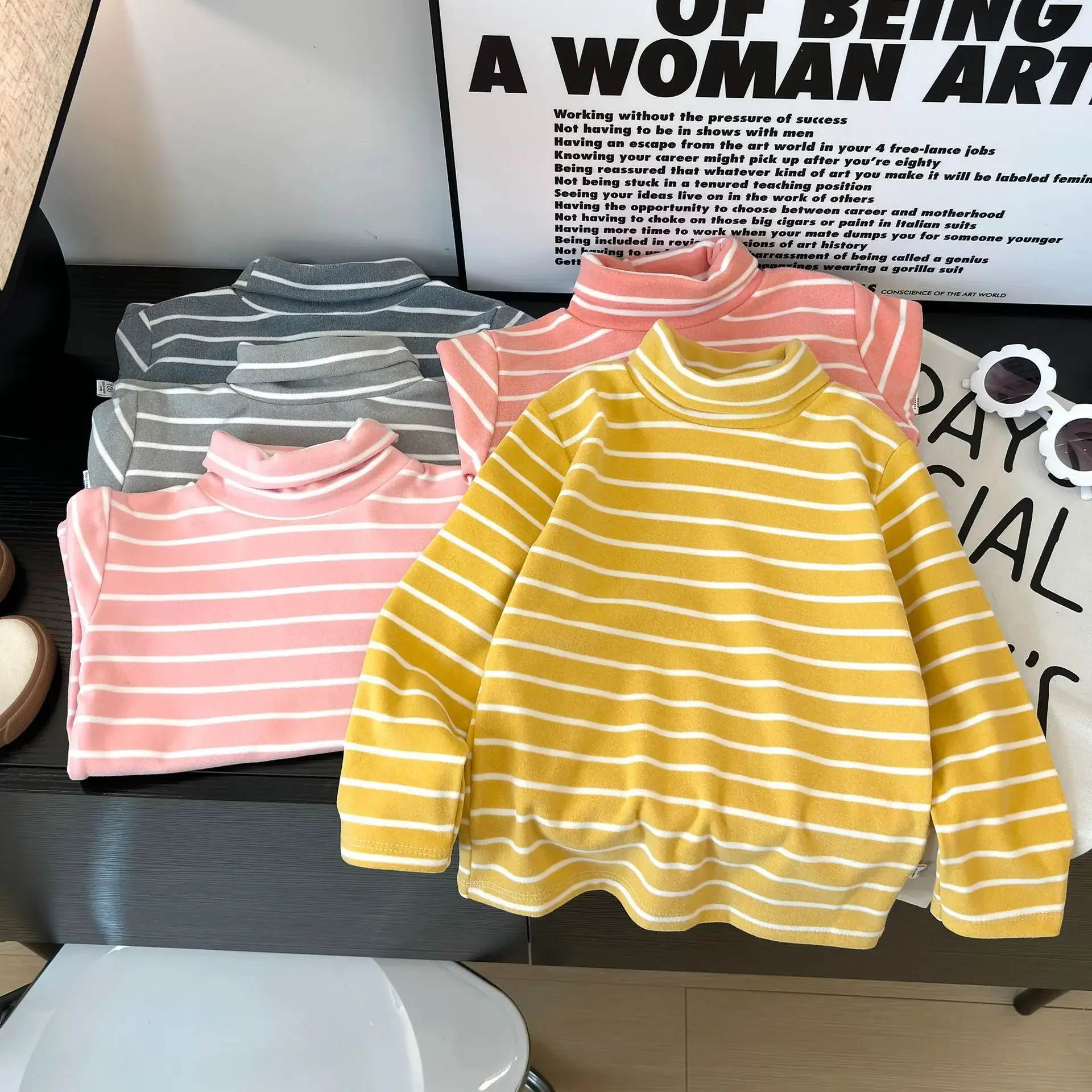 

New 2024 Baby Boys Girls Striped Long Sleeve Bottoming Shirt Children's Turtleneck Warm T-shirt Tops Autumn Winter Kids Clothing
