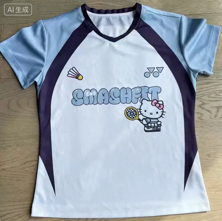 2026 مرحبا كيتي قصيرة الأكمام ثلاثية الأبعاد تي شيرت مطبوع التجفيف السريع الريشة تنفس التدريب الرياضي امتصاص العرق الرجال والنساء