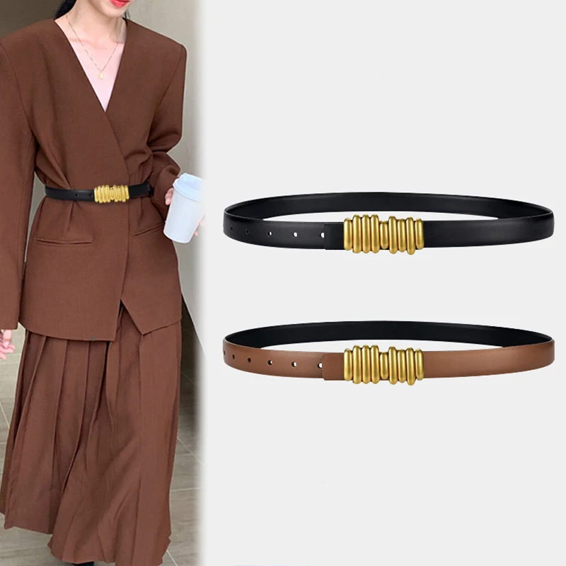 Vintage Thin Women Belt Gold Buckle Pu Leather Waist Belt Ladies Wild Skinny Dress Coat Decor Waistband Adjustable Straps