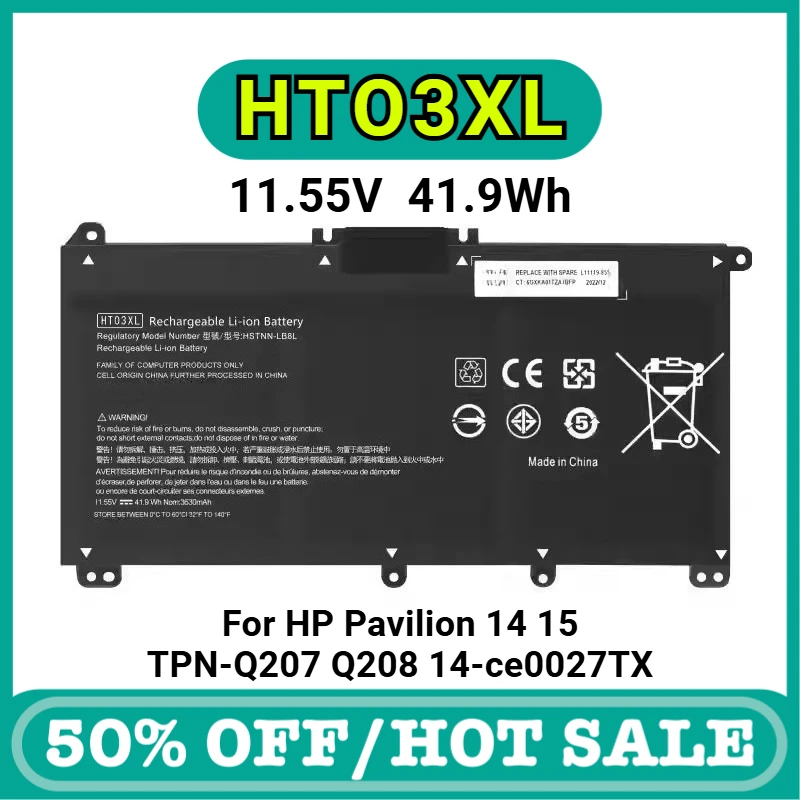 

HT03XL 11.55V 41.9Wh Laptop Battery for HP Pavilion Gaming Laptop 14-CE0025TU, 14-CE0027TX, 14-ce0027TX, 250, 255 G7 Series