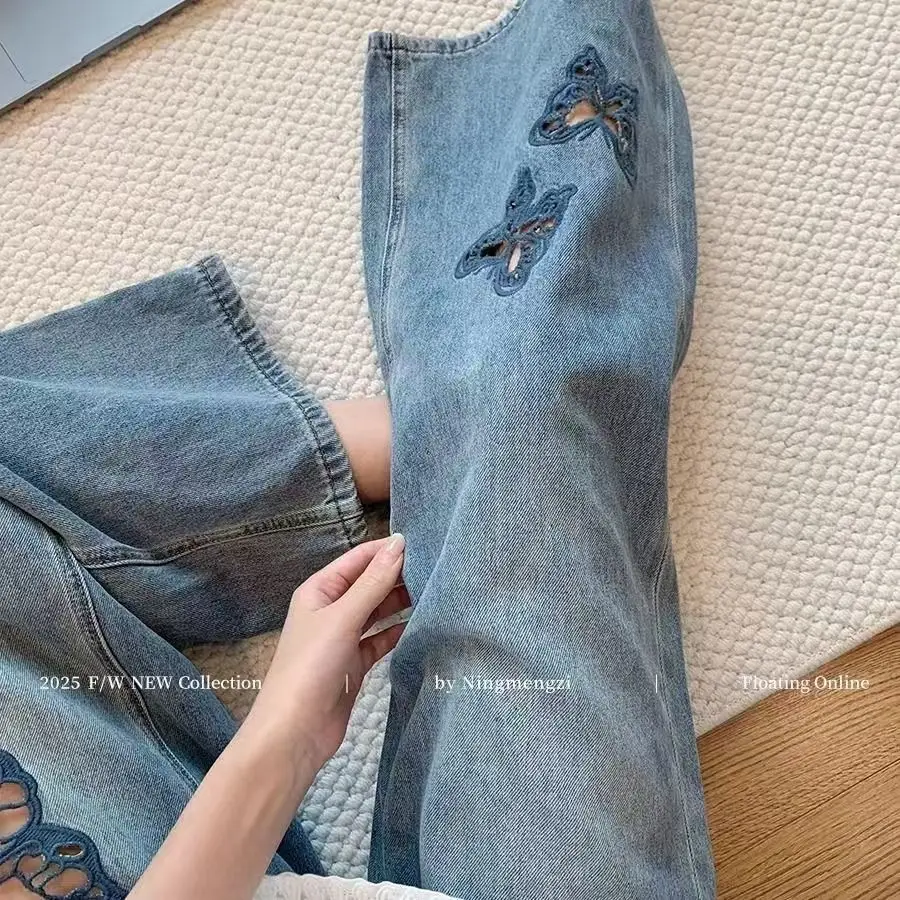 Retro Blue Hollow Out Butterfly Denim Pants High Waist Wide Leg Jeans Spring Summer Casual Versatile Straight Cropped Trousers