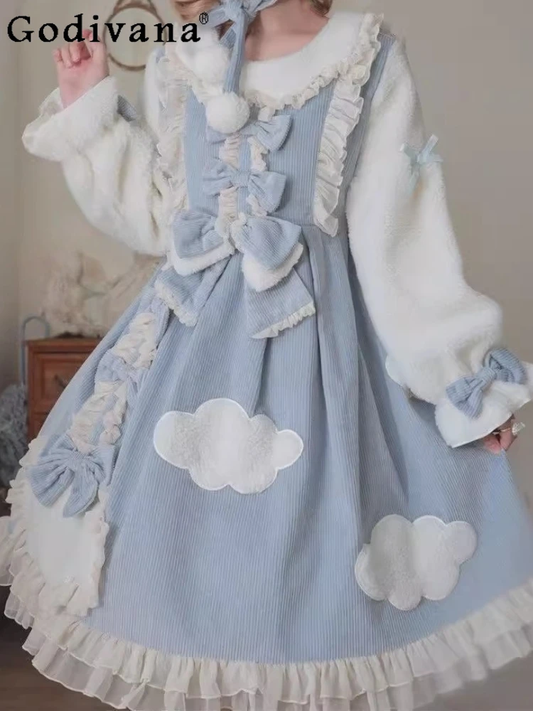 

Autumn Winter Lolita Super Thick Sweet Ruffles Long Sleeve OP Dress Cute Girl Bow Peter Pan Collar High Waist A-line Dresses