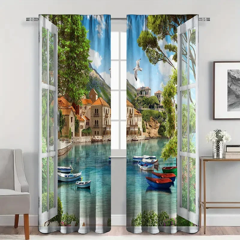 2pcs Illusion Window View Curtains with Rod Pocket, Mediterranean Harbor Scene Sheer , Faux Window for Cozy Living Room