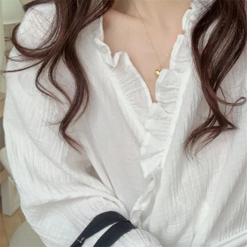 Cotton Bathrobe Women Ruffles Long Sleeve Korean Sweet Kimono Robe Elegant Spa Lady Spring Autumn Home Dressing Gown Pajamas