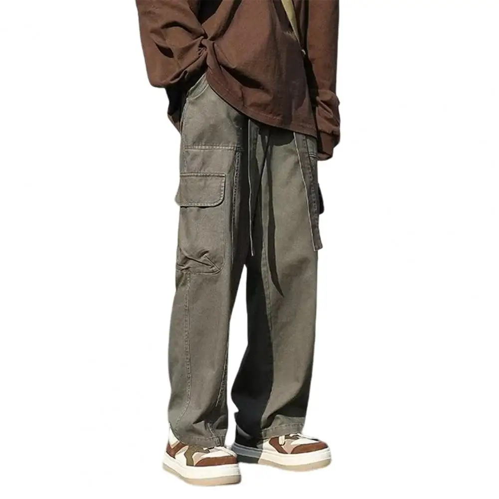 Men Cargo Pants Solid Color Straight Wide Leg Zip Button Placket Multiple Pockets Spring Autumn Loose Joggers Pants Trousers