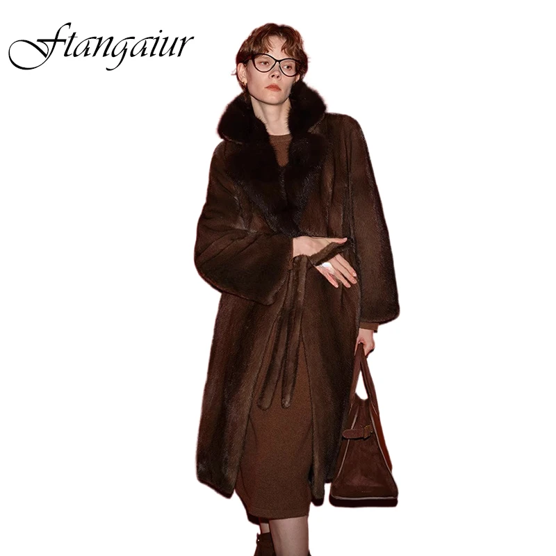 Ftangaiur Winter Import Velvet Mink Fur Coat Turn-Down Collar With Sashes Mink Coat Women X-Long Natural Real Mink Fur Coats